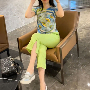欧洲站时尚套装2024年新款女洋气显瘦上衣减龄九分裤子夏装两件套