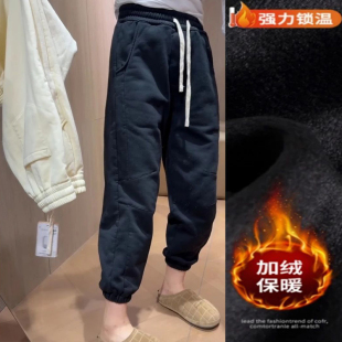 黑色束脚加绒休闲卫裤女秋冬新款洋气减龄高腰显瘦百搭直筒哈伦裤