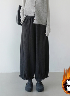 韩系小个子木耳边加绒休闲裤女秋冬季新款加厚花苞显瘦直筒九分裤