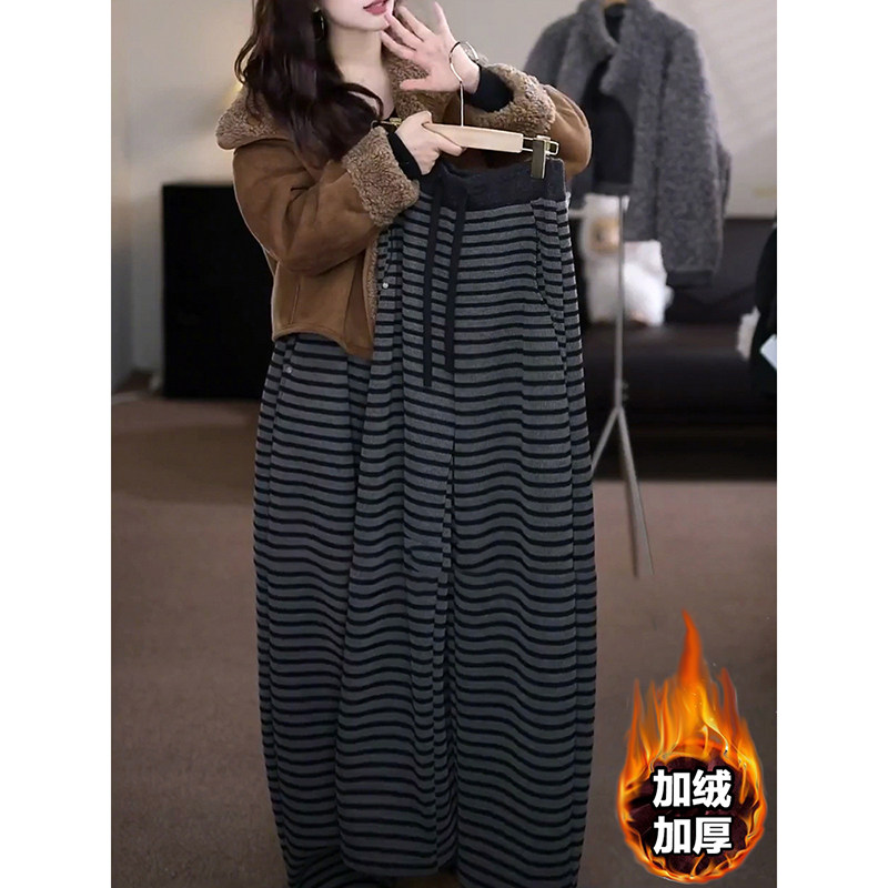 条纹慵懒风加绒阔腿裤女秋冬爆款高腰大码遮肉时髦洋气百搭休闲裤,女装/女士精品,休闲裤,淘宝优惠券,粉丝福利购,淘宝优惠卷