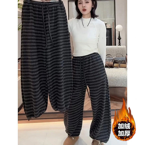条纹慵懒风加绒休闲裤女秋冬