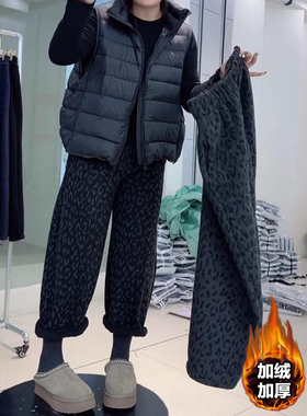 时髦百搭豹纹加绒直筒裤女秋冬季新款今年流行胖mm宽松显瘦休闲裤
