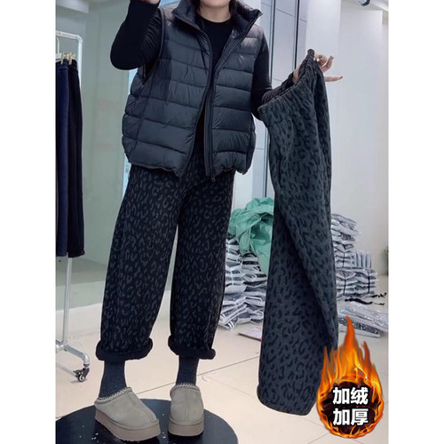 豹纹加绒宽松显瘦直筒休闲裤女