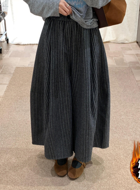 高级感灰色加绒阔腿裤女秋冬季新款竖条纹松紧腰休闲小个子九分裤