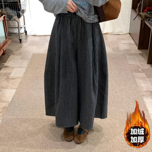 高级感灰色加绒阔腿裤女秋冬季新款竖条纹松紧腰休闲小个子九分裤