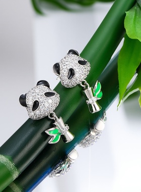 旭平绿色竹叶熊猫耳钉女微镶好搭立体灵动时尚可爱甜美气质耳饰