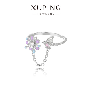 旭平蝶恋花滴釉蝴蝶花花链条戒指女小清新气质小众设计食指戒指环