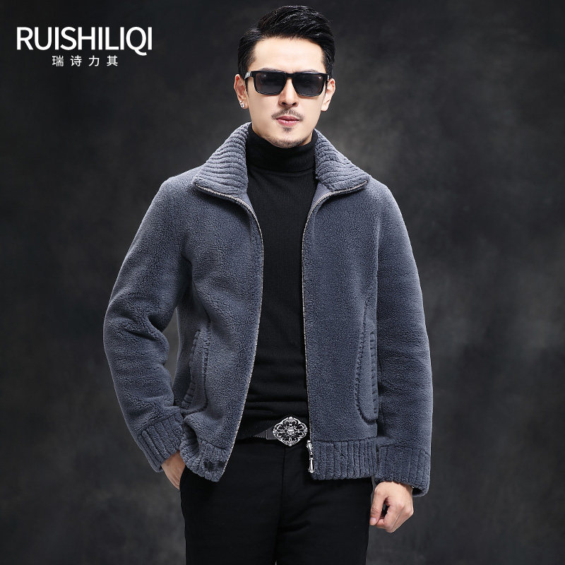 SHEEPSHEAR 남성용 그레인 울 숏 코트 모피 스탠드 칼라 원피스 리버시블 램스울 재킷 겨울 두꺼운 스타일