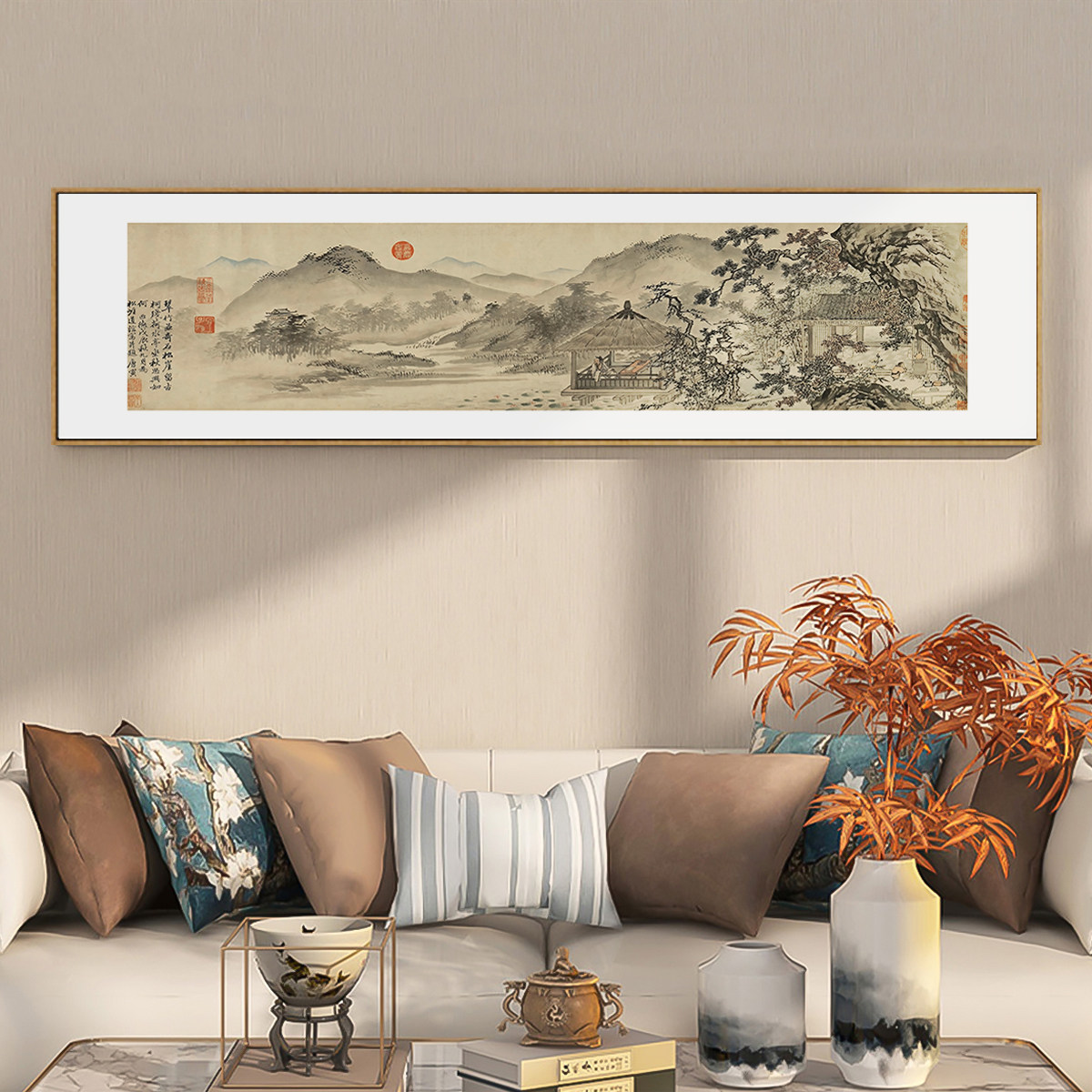 唐伯虎国画横幅山水画新中式客厅装饰画茶室古画办公室背景墙挂画