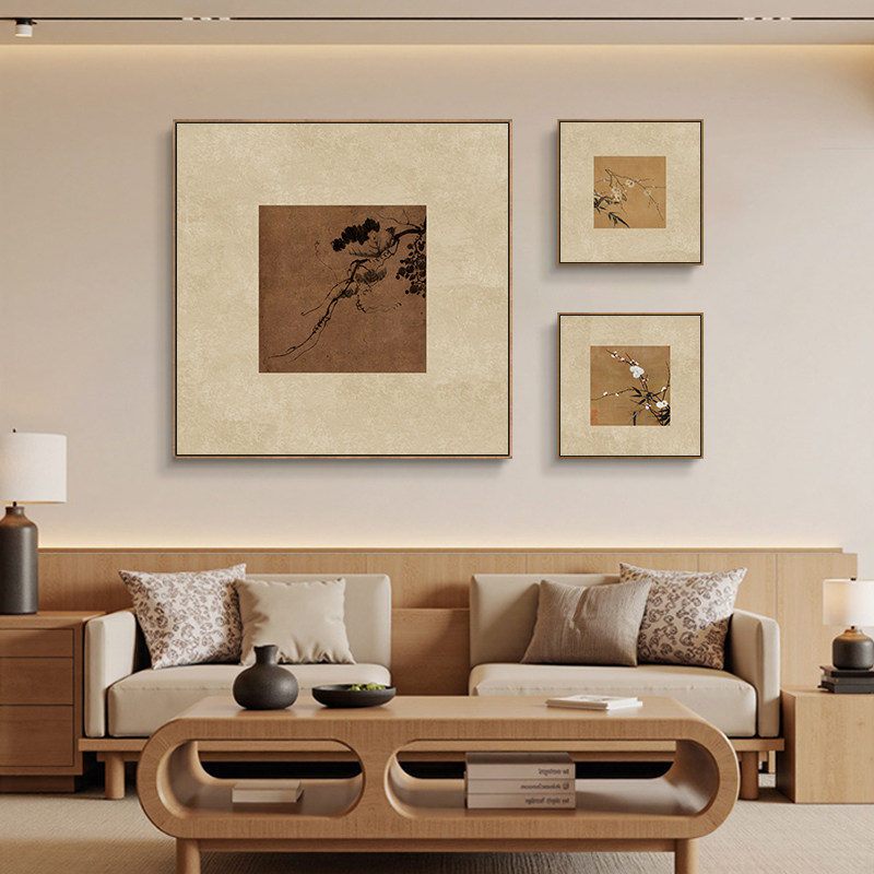 宋代美学客厅装饰画沙发背景墙三联组合挂画书房茶室复古山水壁画