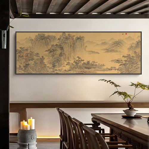 宋氏美学客厅茶室沙发背景墙仿古山水挂画酒店餐厅包厢禅意风景画