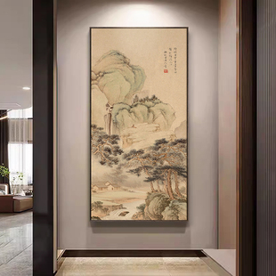 山水画宋式 美学客厅玄关走廊尽头挂画茶室背景墙禅意复古壁画竖版