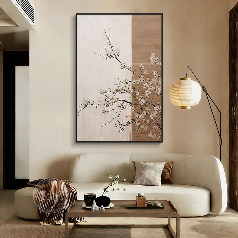 中古风客厅茶室背景墙装饰画宋代美学餐厅玄关过道竖幅梅花挂画框
