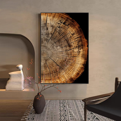 中古风客厅装饰画树木年轮立体肌理挂画玄关茶室竖版侘寄风壁画框