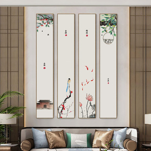新中式入户玄关装饰画竖版窄长条挂画客厅禅意花鸟壁画茶室墙画框