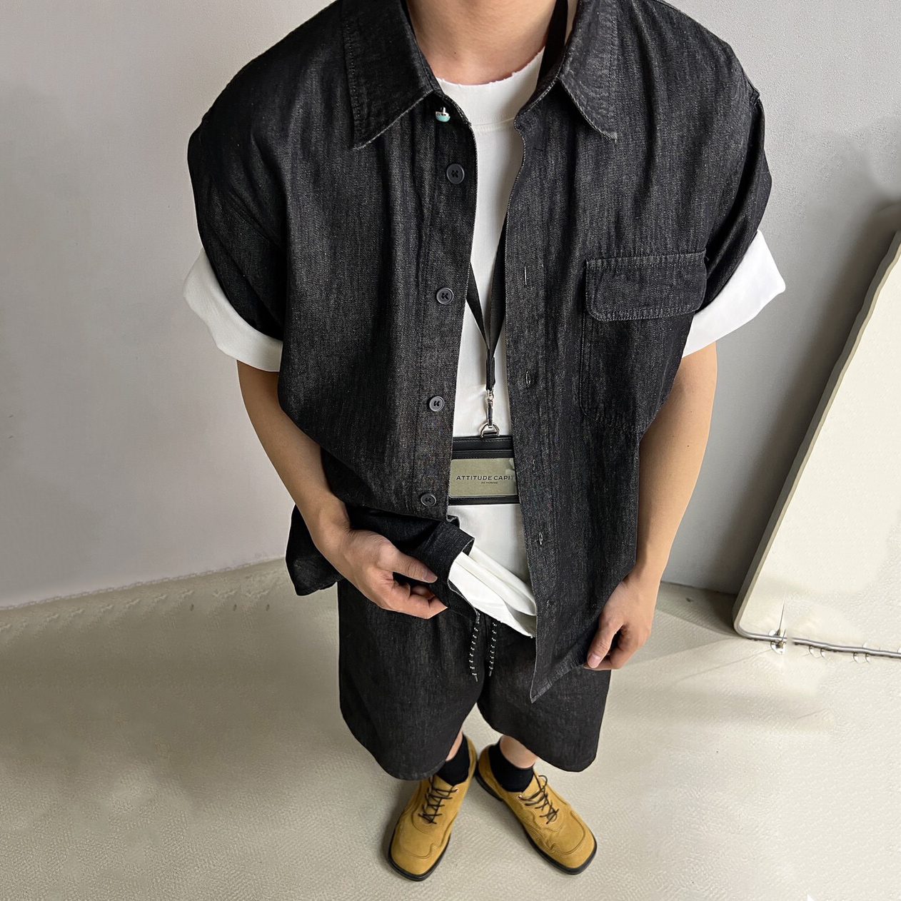 95穿搭美式复古水洗牛仔短袖衬衫套装男女宽松休闲高街百搭衬衣潮