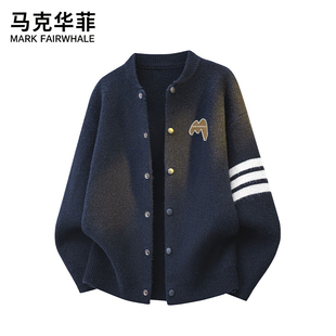 马克华菲藏青色圆领条纹针织开衫外套男女款秋季日常休闲穿搭毛衣
