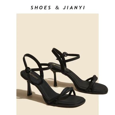 红婧蜓法式小众简约风黑色高跟凉鞋女夏2025新款交叉一字绑带细跟