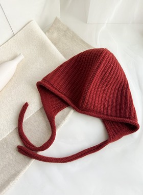 秋冬保暖纯羊毛可系带韩版防寒针织帽毛线帽护耳帽红色新年套头帽