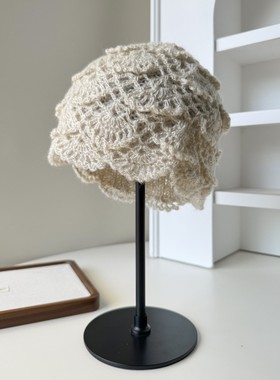 秋冬冷帽针织帽毛线帽妈妈手工钩织毛线帽复古红色驼色女士护耳帽