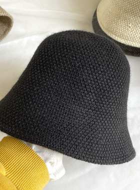 羊毛针织渔夫帽子女纯色圆顶盆帽秋冬保暖韩版针织帽情侣帽逛街潮