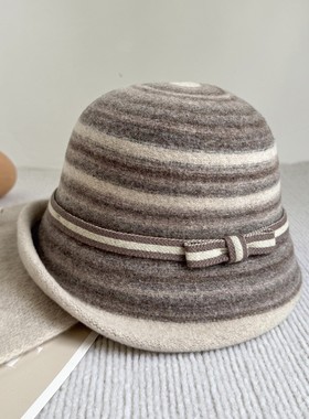 高级感时尚羊毛优雅卷边礼帽女2025秋冬新款女士渔夫帽保暖盆帽潮