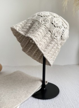 镂空针织羊毛冷帽堆堆帽套头帽优雅米色秋冬毛线帽护耳帽显脸小潮