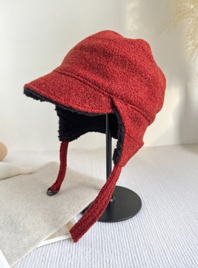 红色针织毛线帽女秋冬保暖护耳系带飞行帽显脸小防寒帽子可双面戴