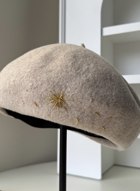 高品质羊毛手工水钻大头围贝雷帽子女秋冬时尚保暖立体帽型画家帽