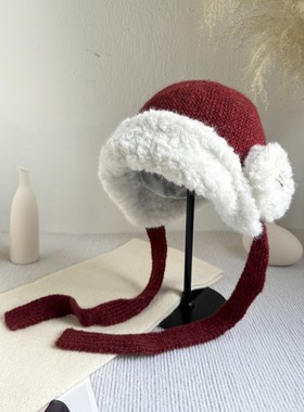 毛绒雷锋帽女冬季加厚保暖护耳帽针织系带防寒帽子红色大头围帽子