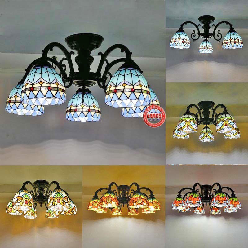 欧式矮户型客厅彩色玻璃简欧卧室吸顶灯铁艺田园美式餐厅灯