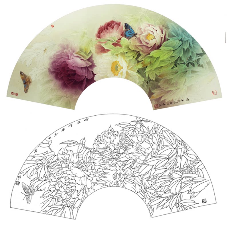 工笔画打印白描底稿龚雪青高清线描扇面花鸟初学临摹练习