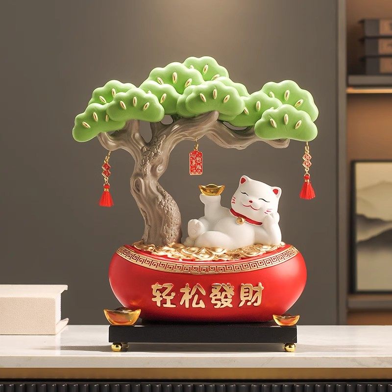 轻奢高级感发财树招财猫摆件客厅玄关酒柜办公室前台桌面装饰乔迁