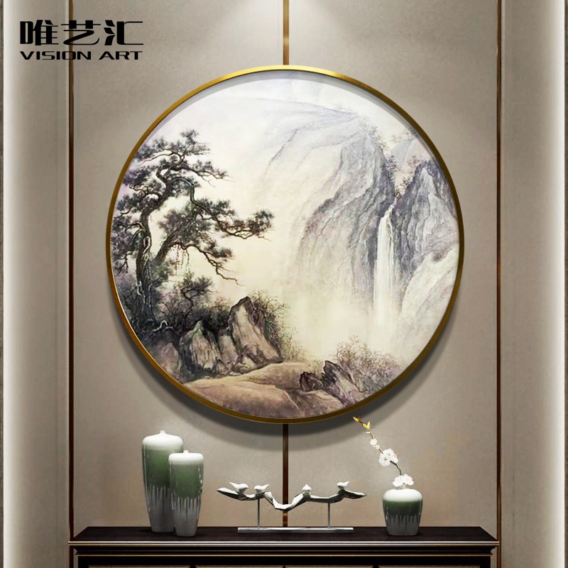 纯手绘画客厅圆形简约新中式山水画