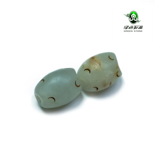 lssp/绿色石品wp447 不还价 明清期老地方玉DIY多宝桶一对珠