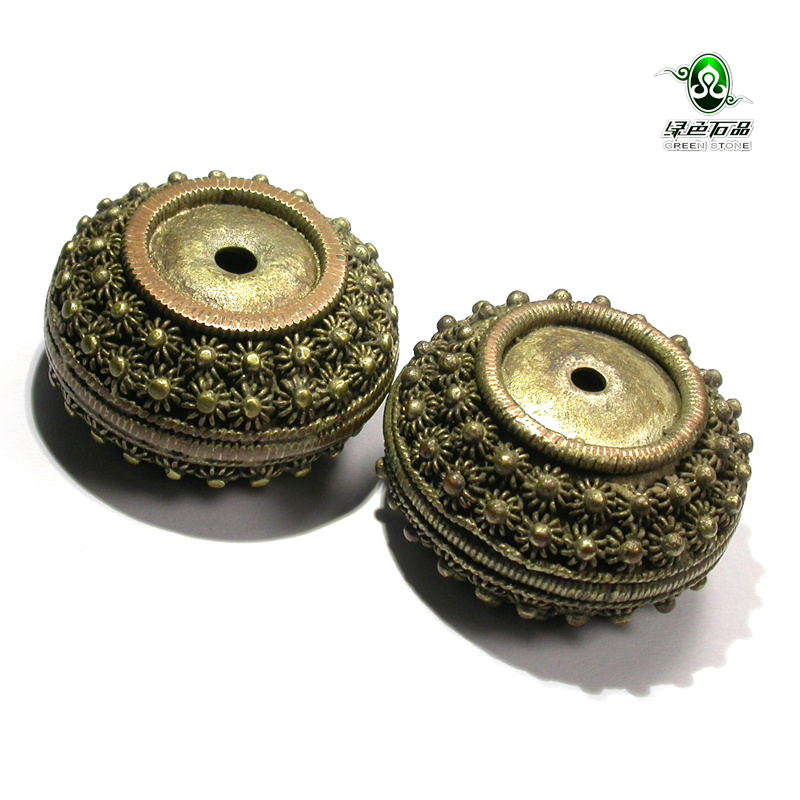 lssp/绿色石品mz1806 不还价 藏区收集老紫铜手工掐丝DIY配饰