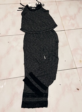 春夏黑灰灰色针织系带睡衣两件套 蕾丝花边纯欲风柔软家居服女
