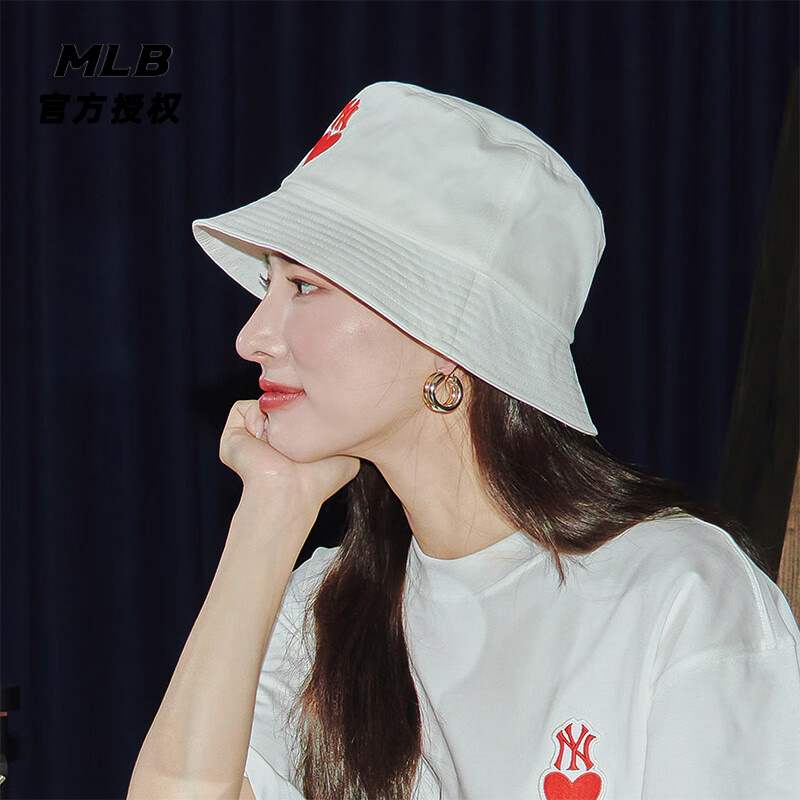 MLB男女情侣帽子爱心渔夫帽情人节礼物遮阳帽3AHTH013N-50IVS