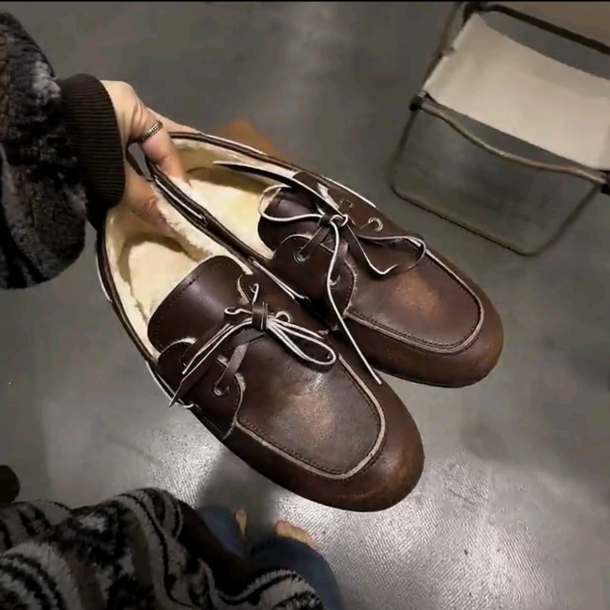 牛皮版~复古英伦风做旧擦色保暖加绒乐福鞋真皮圆头系带小皮鞋女