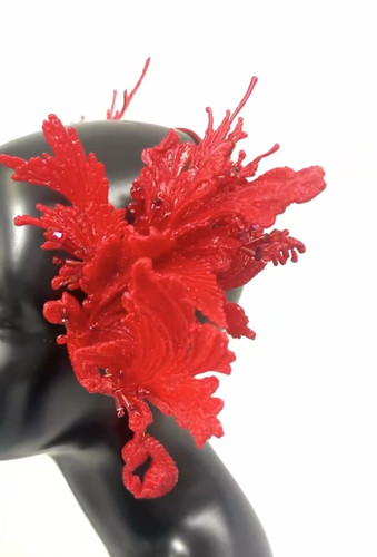 夹绢纱花对头饰红色夸张比赛头饰摄影演出动漫单支