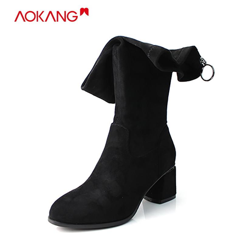 秋冬款奥康弹力布面料黑色长筒靴