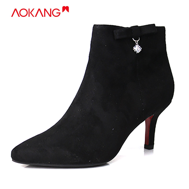 奥康时尚风细跟侧拉链焦糖色女靴