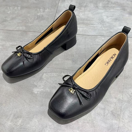 奥康女鞋2026秋季羊皮休闲低跟浅口女单鞋瓢鞋黑色米色1262312165