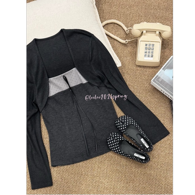 蕾蕾【贝加尔清晨】韩系方领拼条纹假两件修身上衣时尚百搭