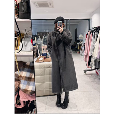 蕾蕾【米兰周刊】可立领麂皮绒两面穿皮毛一体中长款外套