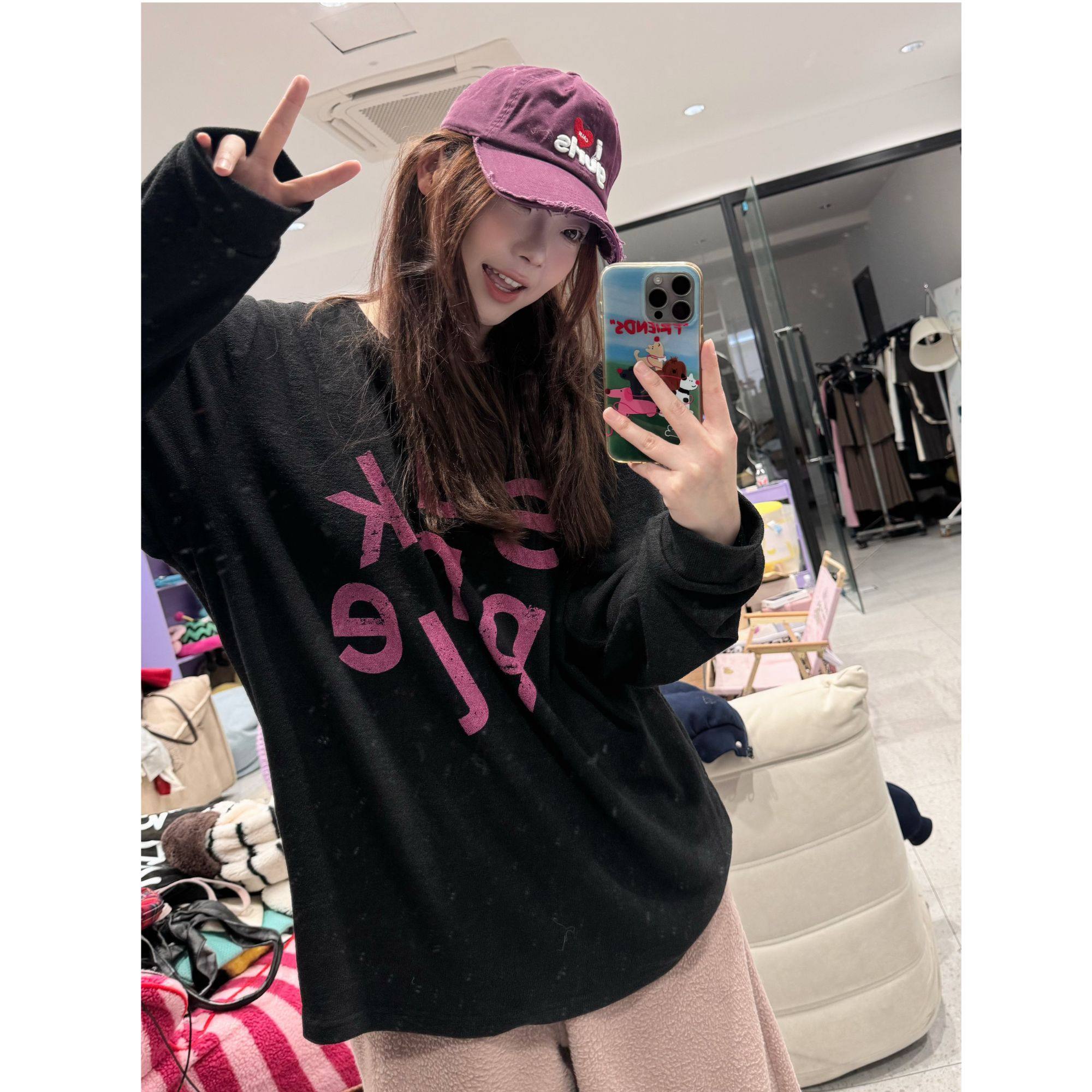 蕾蕾【假日欧尼】胸前字母圆领套头长袖T恤上衣小衫