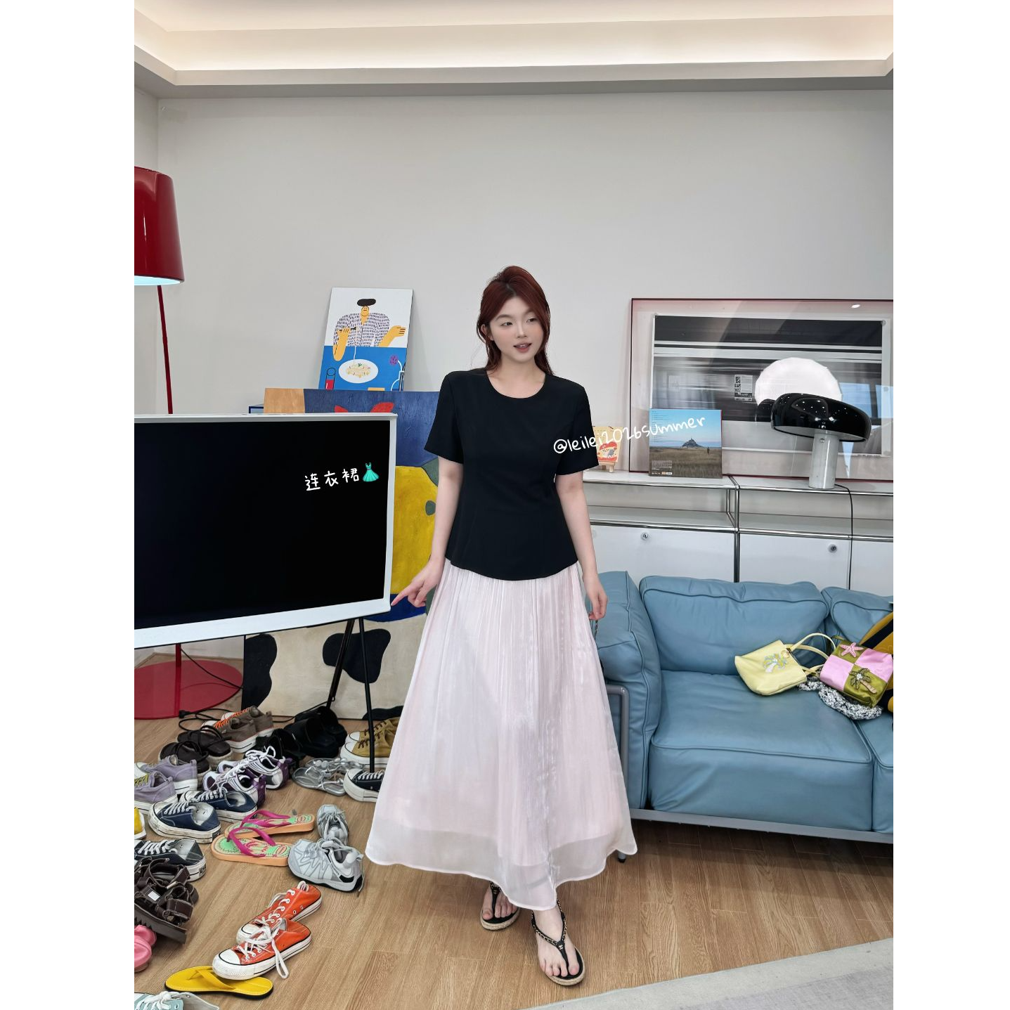 蕾蕾【珠光涟漪】珠光感半裙拼接显瘦上衣假两件连衣裙