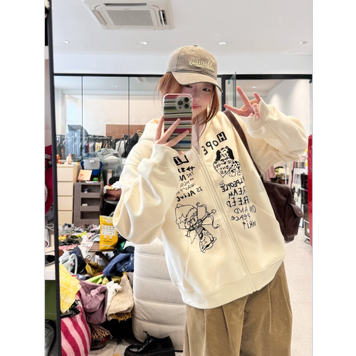 蕾蕾【心之所属】美式趣味字母图案连帽开衫卫衣外套