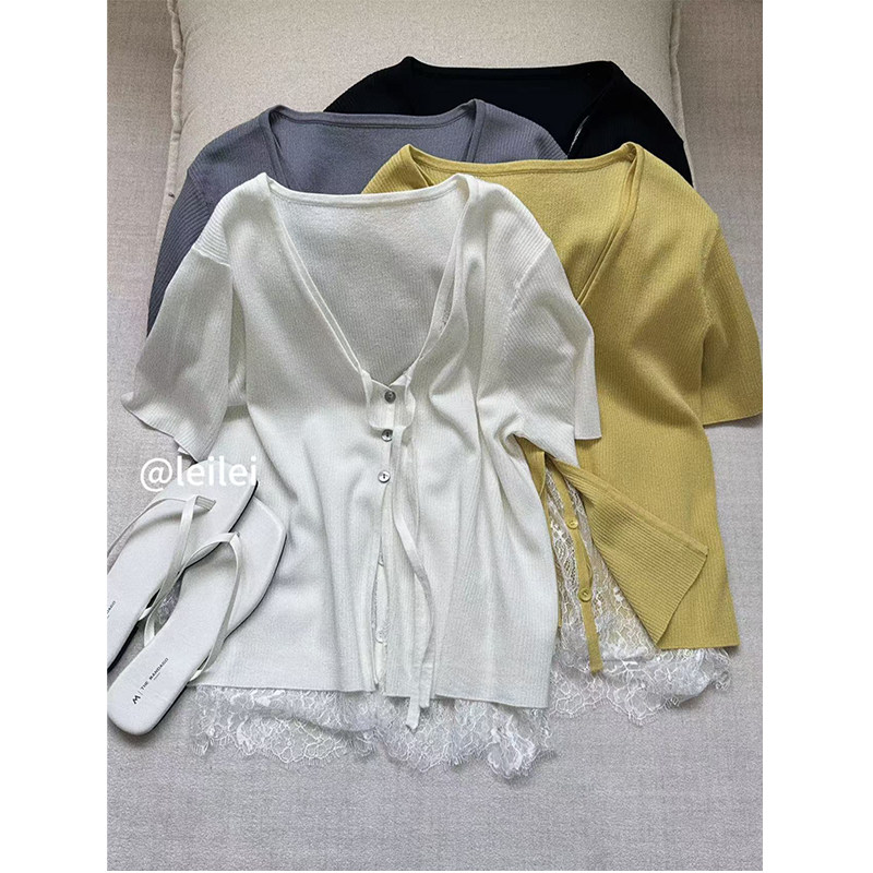 蕾蕾【半夏风铃】下摆拼蕾丝单排扣短袖上衣