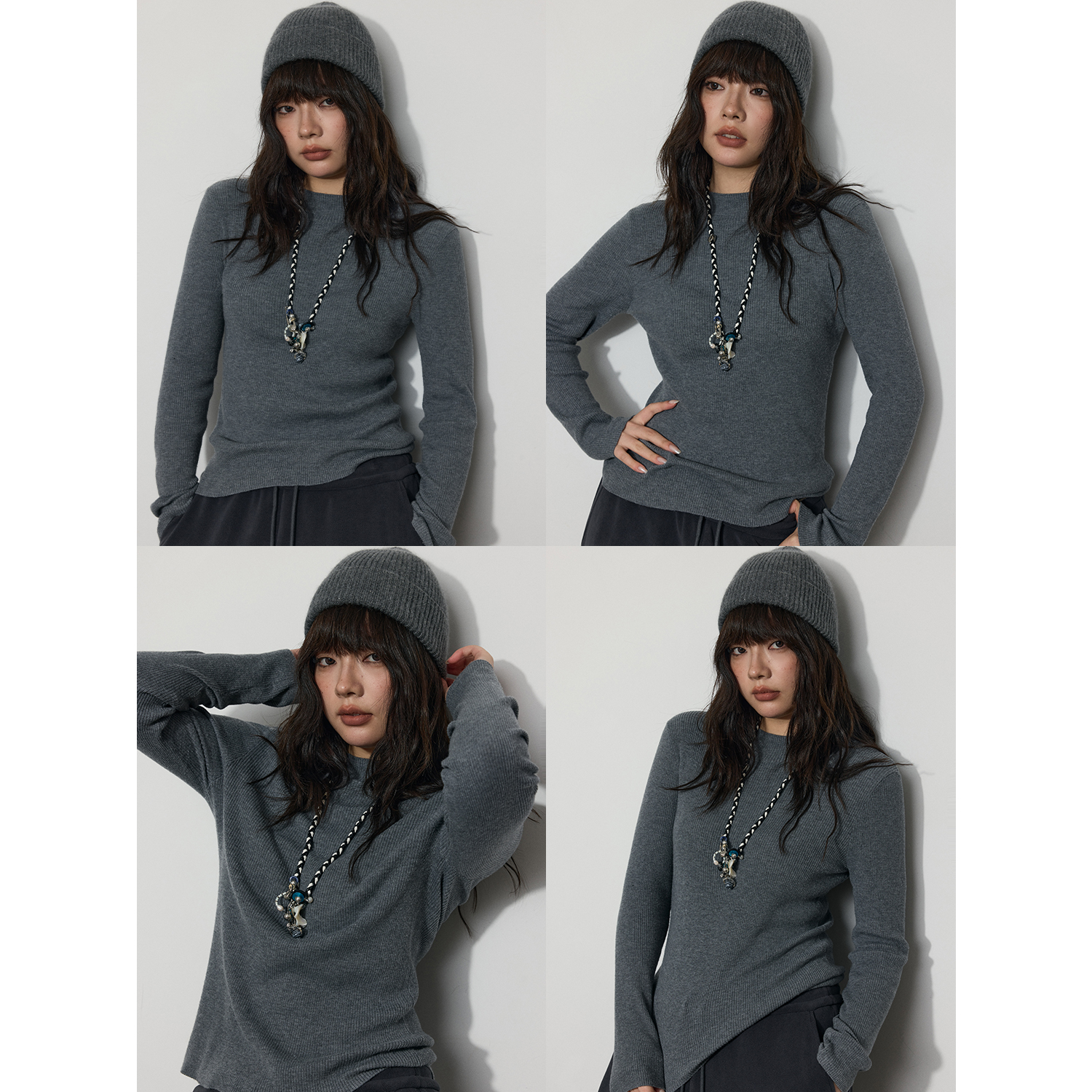 蕾蕾【锁住温暖！】简约百搭纯色长袖修身针织打底上衣